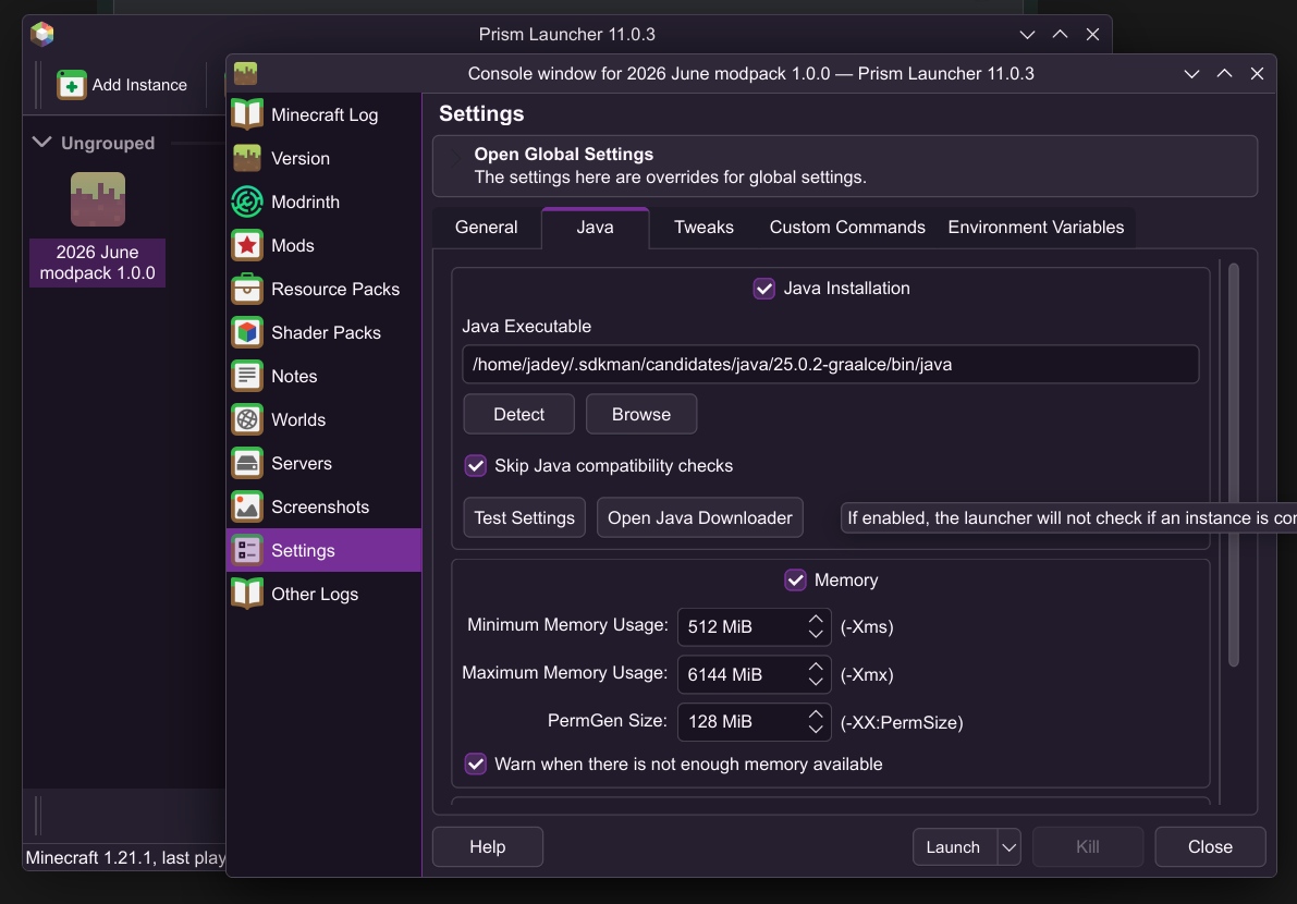 Showcasing where the instance settings are in the Prism Launcher